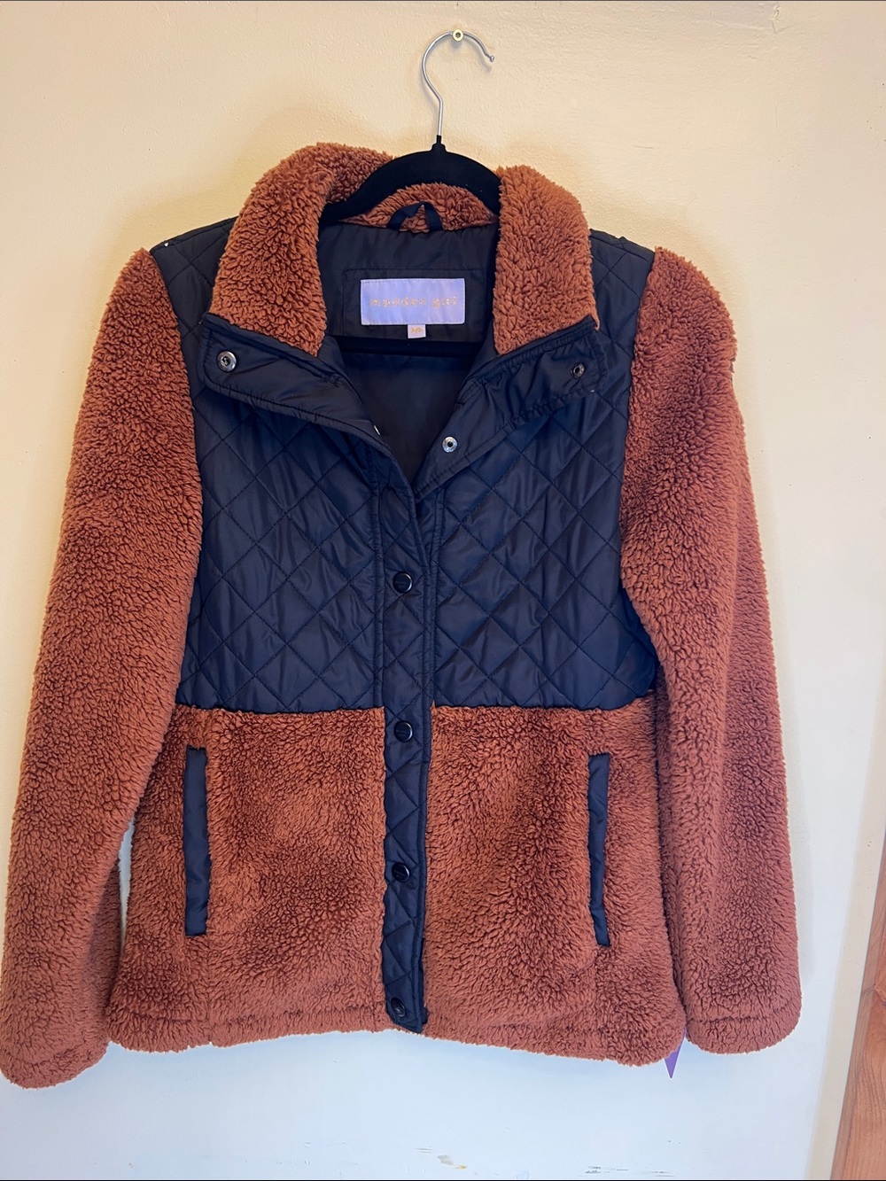 Madden Girl Brown Teddy Jacket with Black Quilted Panels